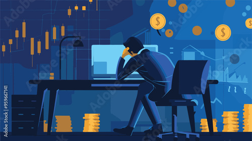 Failed stressed businessman lost money from stock trading in flat design. Negative profit investment concept. Bankruptcy.