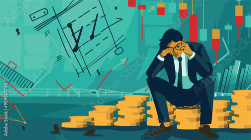 Failed stressed businessman lost money from stock trading in flat design. Negative profit investment concept. Bankruptcy.