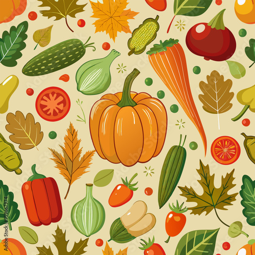 Seamless autumn pattern of vegetables, pumpkins, corn, peppers and falling leaves.