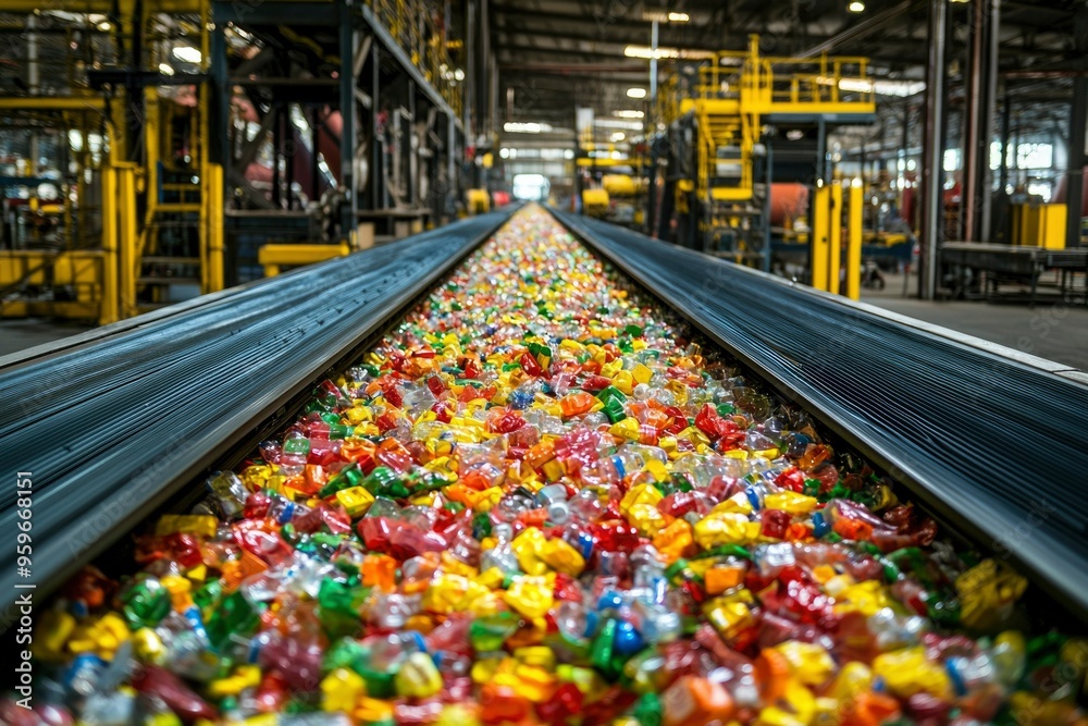 Conveyor Belt Carrying Crushed Plastic Bottles in a Recycling Facility Conveyor Belt Carrying Crushed Plastic Bottles in a Recycling Facility
