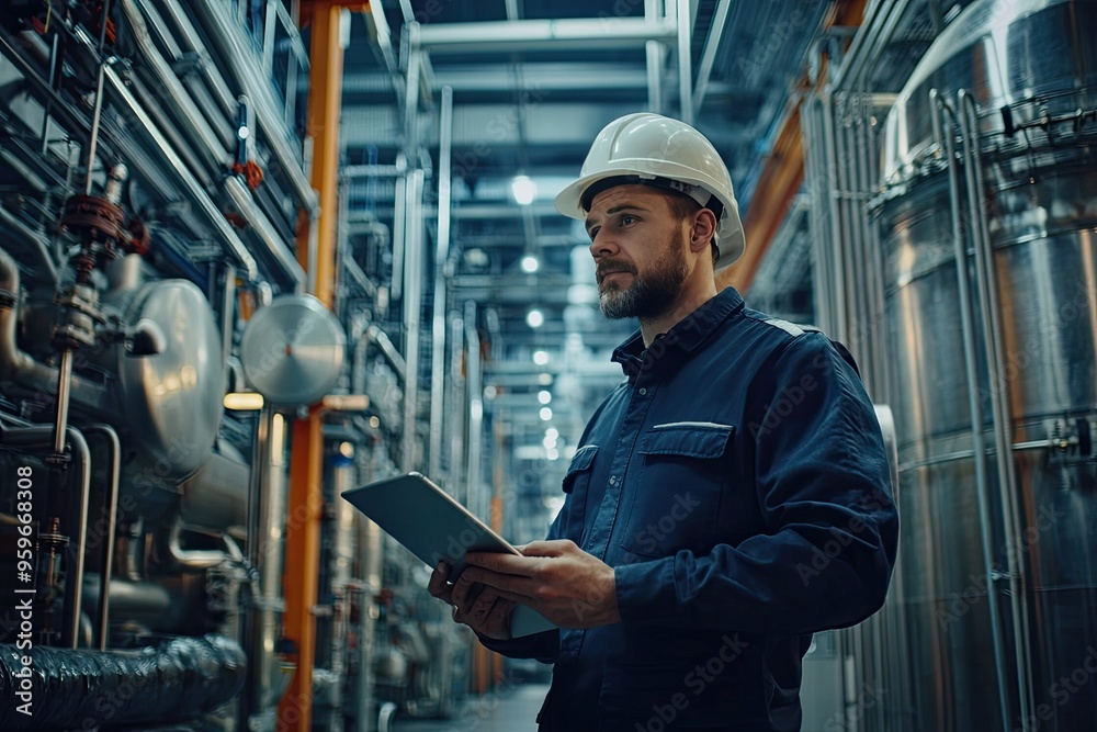 Engineer or Technician using digital tablet in a factory. Industrial and technology concept