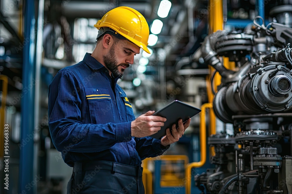 Engineer or Technician using digital tablet in a factory. Industrial and technology concept