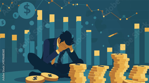Failed stressed businessman lost money from stock trading in flat design. Negative profit investment concept. Bankruptcy.