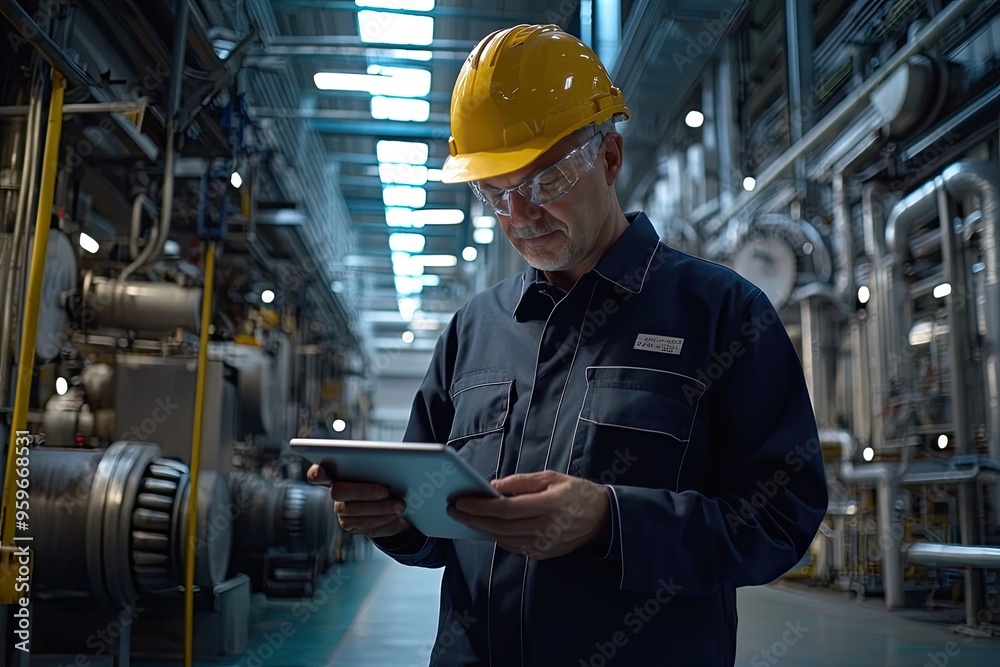 Engineer or Technician using digital tablet in a factory. Industrial and technology concept Engineer or Technician using digital tablet in a factory. Industrial and technology concept