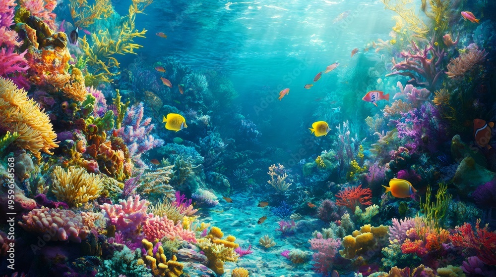 Naklejka premium Colorful fish swim through a vibrant coral reef.