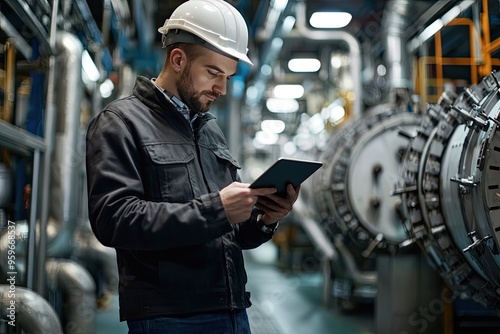 Engineer or Technician using digital tablet in a factory. Industrial and technology concept