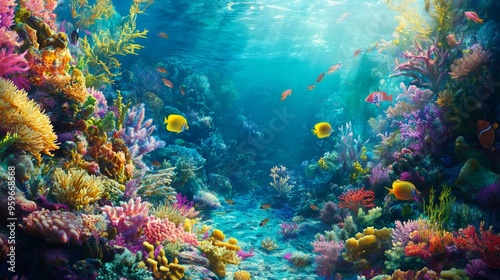 Colorful fish swim through a vibrant coral reef.