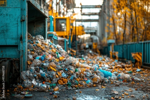 Plastic waste overflowing from a recycling bin