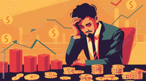 Failed stressed businessman lost money from stock trading in flat design. Negative profit investment concept. Bankruptcy.