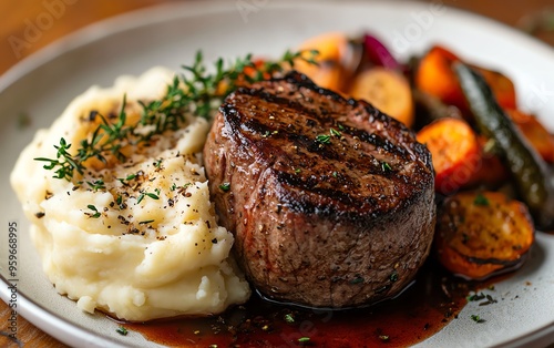 Cookedtoperfection meat with a side of silky mashed potatoes and perfectly roasted vegetables, creating a visually appealing dish photo