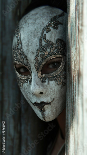 A woman is wearing a mask with a white face and silver decorations. She is standing in front of a wooden door, partially hidden behind her. The image has a mysterious and eerie mood