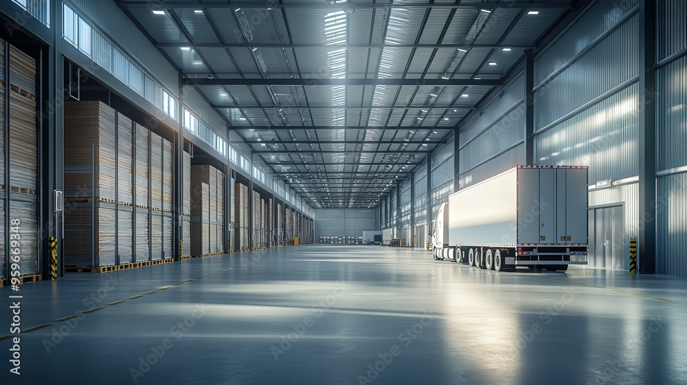 Large Warehouse Interior with Semi Truck and Cargo Large Warehouse Interior with Semi Truck and Cargo