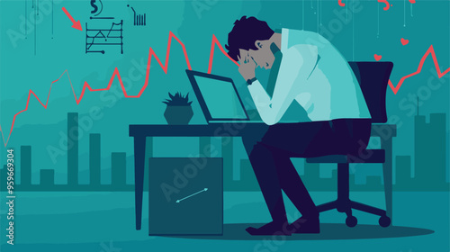 Failed stressed businessman lost money from stock trading in flat design. Negative profit investment concept. Bankruptcy.