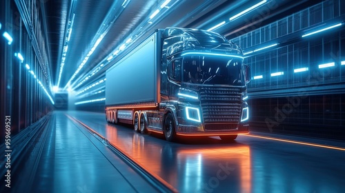 Futuristic Semi Truck Driving Through Neon Tunnel
