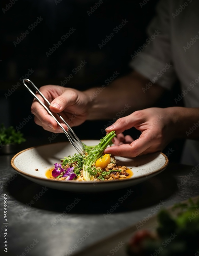Chef Plating Gourmet Dish. Chef carefully arranging herbs on a plated dish. Fine dining, culinary art, and food presentation. Chef Plating Gourmet Dish. Chef carefully arranging herbs on a plated dish. Fine dining, culinary art, and food presentation.