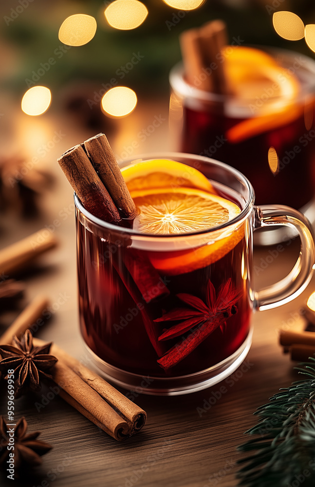 refreshing mulled wine with orange, ginger, and cinnamon on a wooden table in a Christmas-themed setting... refreshing mulled wine with orange, ginger, and cinnamon on a wooden table in a Christmas-themed setting...
