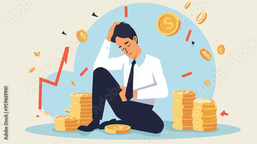 Failed stressed businessman lost money from stock trading in flat design. Negative profit investment concept. Bankruptcy.