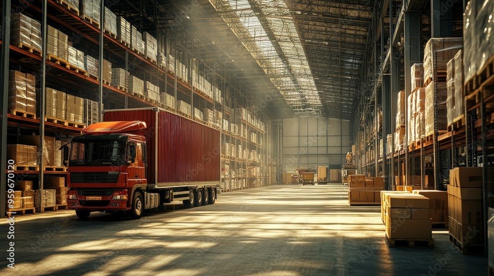Semi Truck Loading in Warehouse with Pallets and Boxes Semi Truck Loading in Warehouse with Pallets and Boxes
