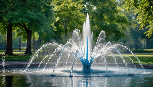 Beautiful fountain with vertical jets of water in the park.