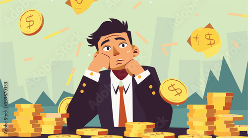 Failed stressed businessman lost money from stock trading in flat design. Negative profit investment concept. Bankruptcy.