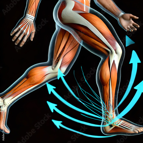 Image showing activation of quadriceps, hamstrings, calf muscles during running. sequential contraction, relaxation of these muscles as leg moves through gait cycle, from heel strike to toe-off.