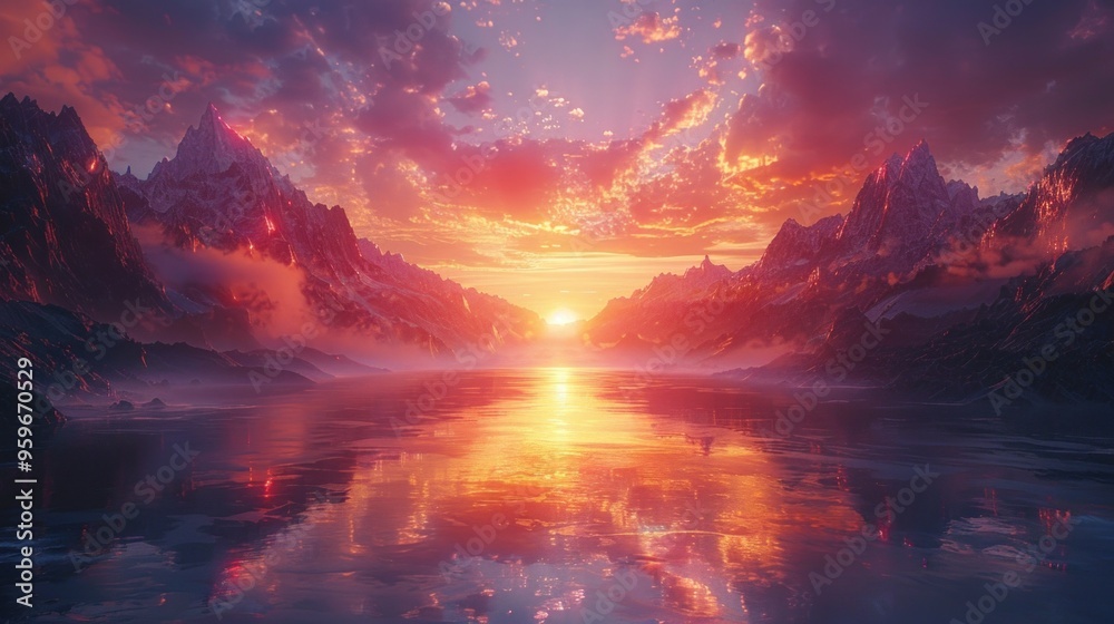 Fototapeta premium A beautiful sunset over a mountain range with a calm lake in the foreground