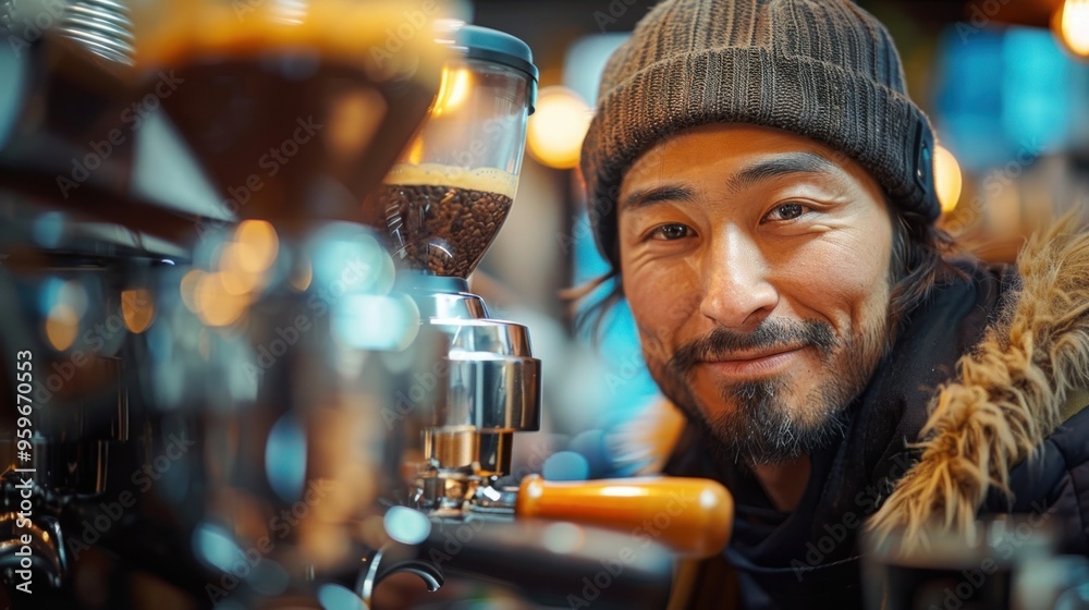A man with a beard and a hat is standing in front of a coffee machine A man with a beard and a hat is standing in front of a coffee machine