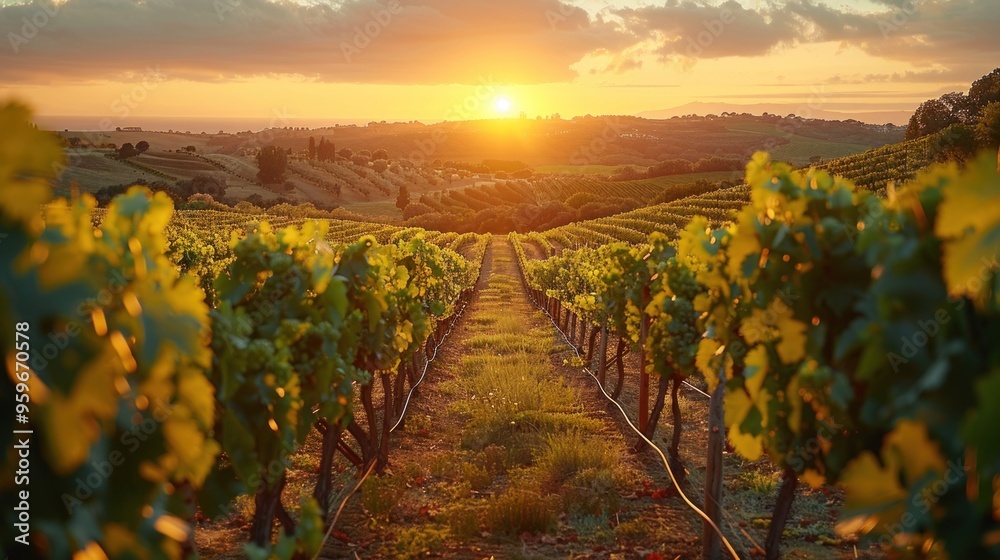 Naklejka premium A vineyard with rows of vines and a sun setting in the background