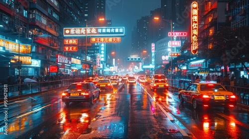 A busy city street with lots of neon lights and cars