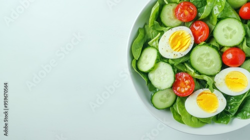 Healthy green salad, with fresh spinach, cucumber slices, cherry tomatoes, and hard-boiled eggs, served in a clean white bowl.