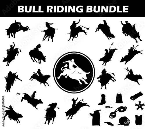 Bull Riding Silhouette Bundle | Collection of Bull Riding Players with Logo and Bull Riding Equipment