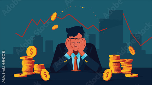 Failed stressed businessman lost money from stock trading in flat design. Negative profit investment concept. Bankruptcy.