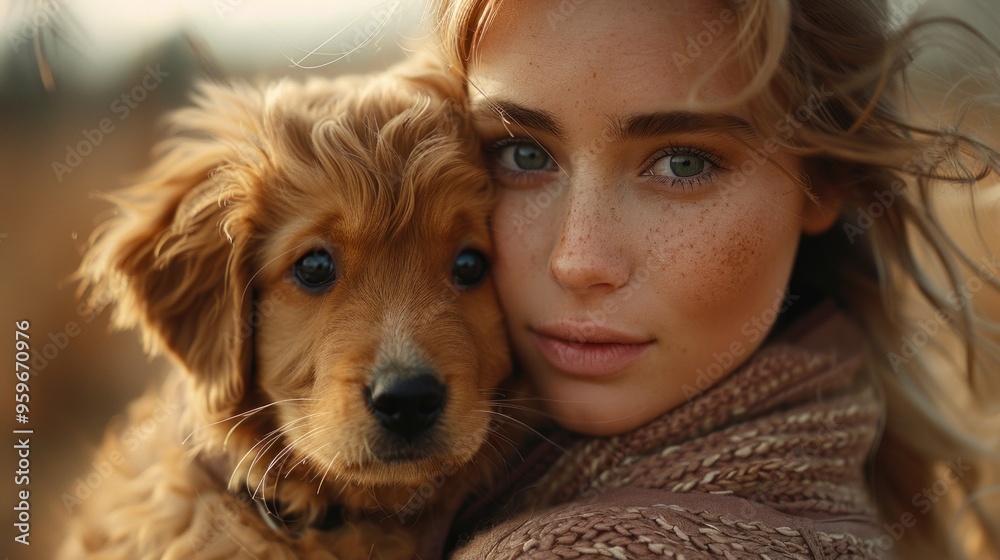 A woman is holding a dog with a brown coat A woman is holding a dog with a brown coat