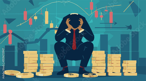 Failed stressed businessman lost money from stock trading in flat design. Negative profit investment concept. Bankruptcy.