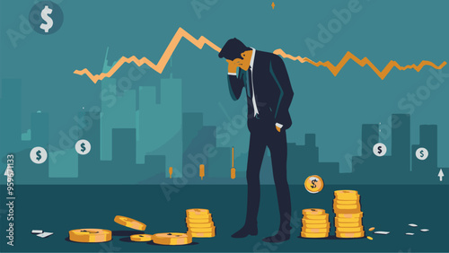 Failed stressed businessman lost money from stock trading in flat design. Negative profit investment concept. Bankruptcy.