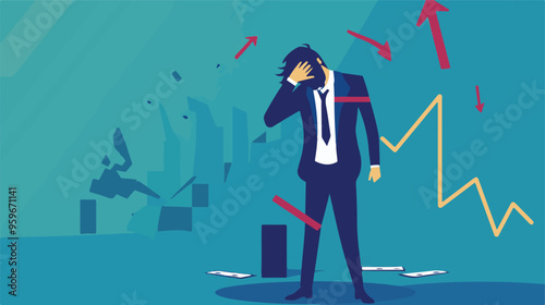 Failed stressed businessman lost money from stock trading in flat design. Negative profit investment concept. Bankruptcy.