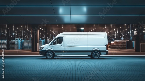 White Delivery Van Under Neon Lights - Commercial Vehicle Mockup