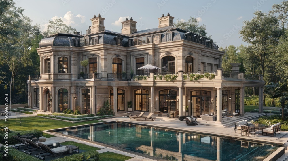 A large house with a pool and a balcony A large house with a pool and a balcony