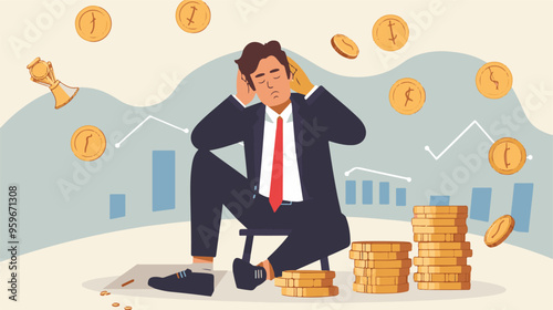 Failed stressed businessman lost money from stock trading in flat design. Negative profit investment concept. Bankruptcy.