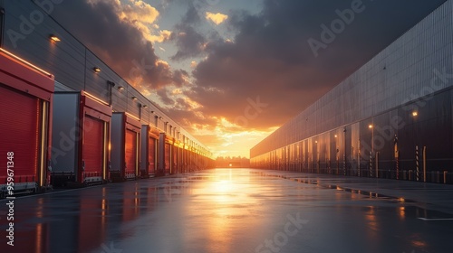 Industrial Warehouse Sunset with Wet Concrete