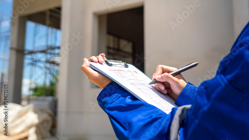 Canvas Print An architect is checking on house building quality checklist form to inspecting the progress with building house as blurred background