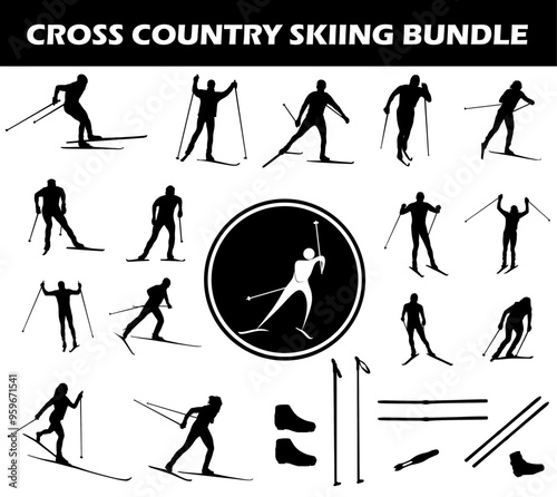 Cross Country Skiing Silhouette Bundle | Collection of Cross Country Skiing Players with Logo and Cross Country Skiing Equipment