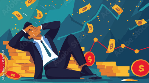 Failed stressed businessman lost money from stock trading in flat design. Negative profit investment concept. Bankruptcy.