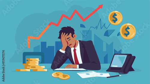 Failed stressed businessman lost money from stock trading in flat design. Negative profit investment concept. Bankruptcy.