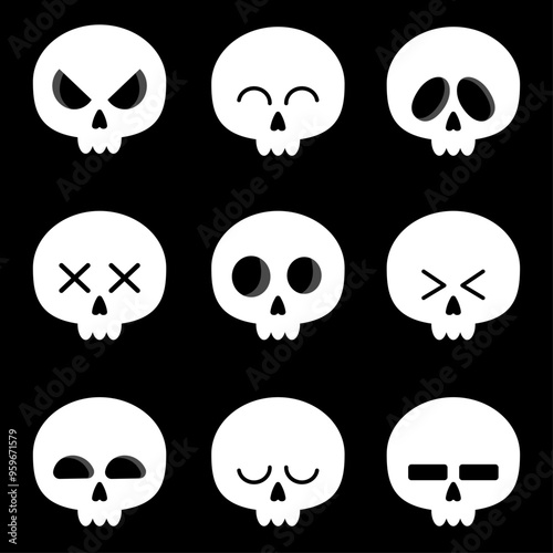 Collection of cute simple skulls with different emotions. Stickers, emoji. Cute cartoon elements for Halloween design. 