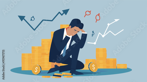 Failed stressed businessman lost money from stock trading in flat design. Negative profit investment concept. Bankruptcy.