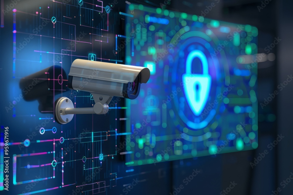 Security concept: Lock on digital screen, camera positioned above the screen Security concept: Lock on digital screen, camera positioned above the screen