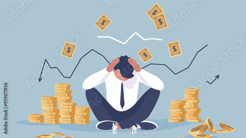 Failed stressed businessman lost money from stock trading in flat design. Negative profit investment concept. Bankruptcy.