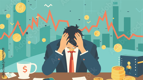 Failed stressed businessman lost money from stock trading in flat design. Negative profit investment concept. Bankruptcy.