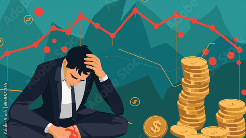 Failed stressed businessman lost money from stock trading in flat design. Negative profit investment concept. Bankruptcy.